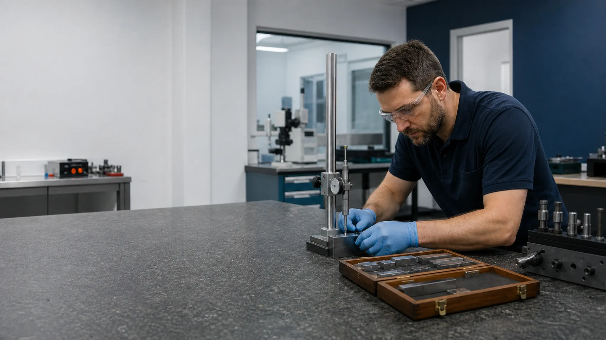 A calibration technician measuring a precision component on a granite surface plate